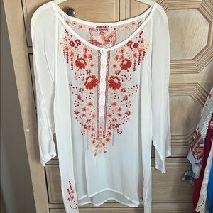 Johnny Was White Tunic with Orange & Red Floral Embroidery